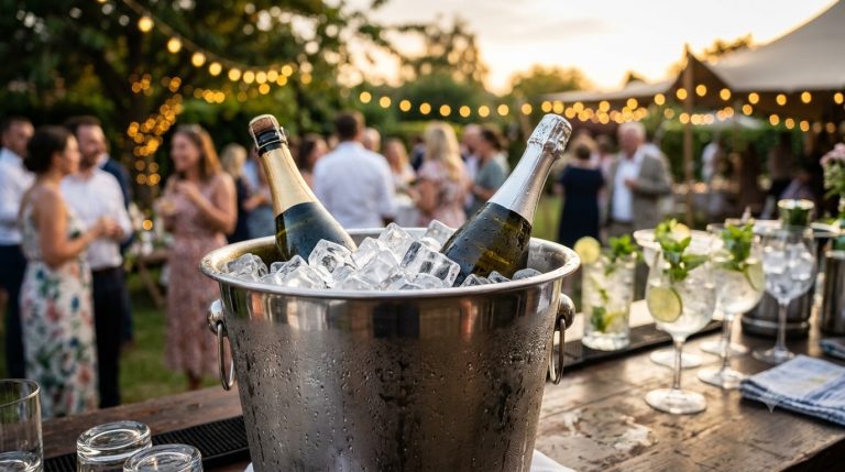 Gros plan sur un seau à champagne en inox couvert de condensation et rempli de glaçons et de deux bouteilles, posé sur un bar extérieur lors d'une réception estivale en fin d'après-midi.