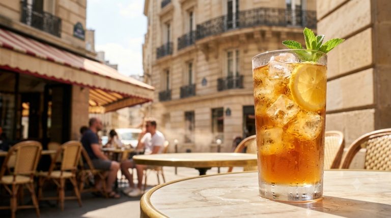 Un verre de thé glacé condensé rempli de glaçons, garni d'une tranche de citron et de menthe fraîche, posé sur une table en marbre sur une terrasse de café parisien ensoleillée.