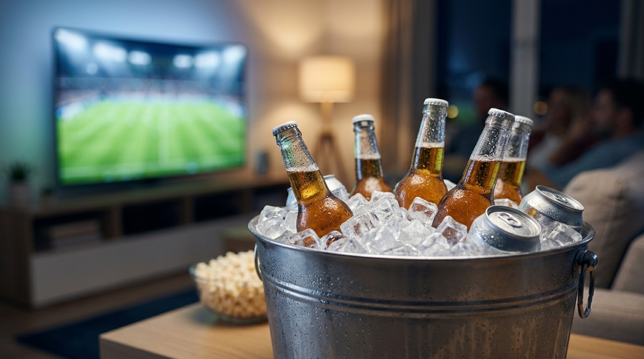Bac rempli de glaçons et de bières devant un écran de match
